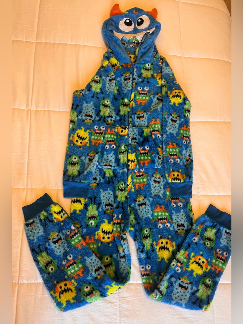 Blue Monster Print Kids Hooded Fleece Onesie Pajamas